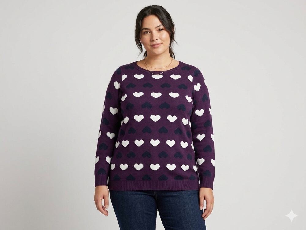 Charter Club Heart Sweater 2X Plus Size Burgundy Pullover Preppy Fun Cute Chic